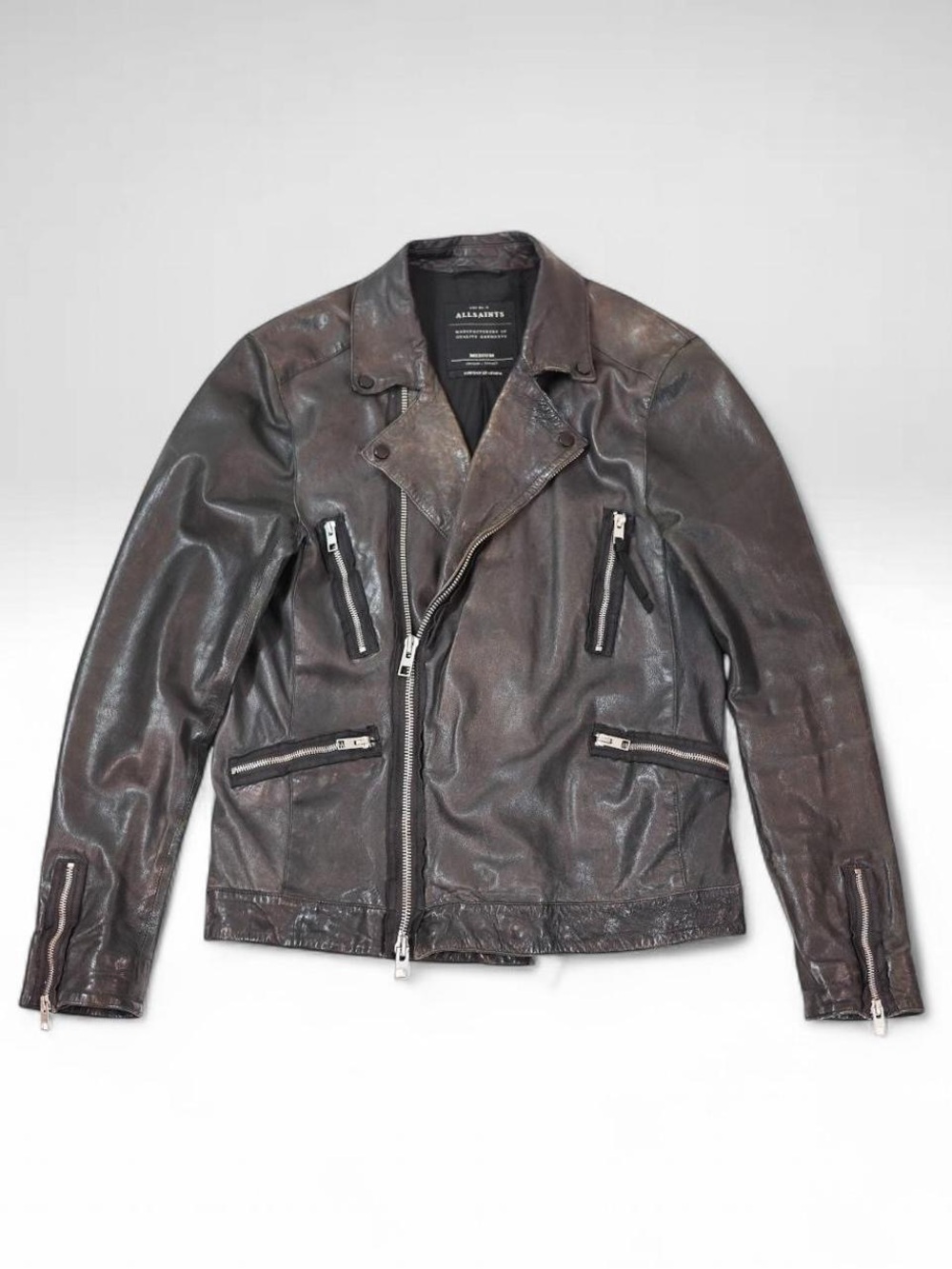 AllSaints Distressed Leather Biker Jacket Lambskin Black/Brown Moto M